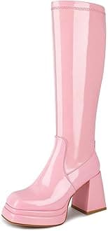 wetkiss Stacked Platform Knee High Boots for Women With High Chunky Heel, Gogo Boots for Women with Square Toe Side Zipper Stretch Boot
