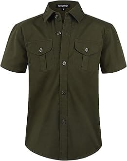 Spring&Gege Boys' Short Sleeve Button Down Shirts for Kids Woven Solid with Two Pockets