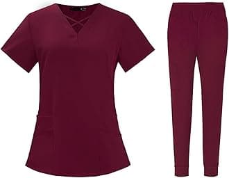 BDNXTV Scrubs for Women Set Fall Medical Uniform Stretch V-Neck Scrub Top Jogger Pant with Pockets