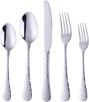 Silverware Set, 5 Piece Premium 18/8 Stainless Steel Hammered Kitchen Utensil Flatware Cutlery Sets of 1, Mirror Polish, Dishwasher Safe (5-Silver)