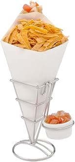 Conetek 10-Inch Eco-Friendly White Finger Food Cones with Built-in Condiment Dipping Pocket: Perfect for Appetizers - Food-Safe Paper Cone - Disposable and Recyclable - 100-CT