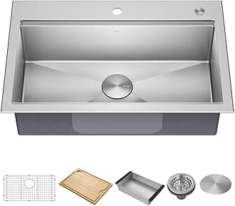 Kore 32-Inch Drop In/Undermount Workstation 18 Gauge Single Bowl Stainless Steel Kitchen Sink with Accessories, KWT300-32