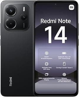 Xiaomi Redmi Note 14 smartphone, 6+128GB, black, 108MP AI camera system, 5500mAh battery, 120Hz eye-care display, AI features (no charger included), 2 year Warranty
