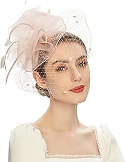 Goodern Womens Pillbox Fascinators Hat Headband Tea Party Fascinator Hat Veil Kentucky Derby Hat 1920s Hat Feathers Veil Mesh Headband 1920s Flapper Great Gatsby Headband Wedding Hat Tea Hat-Pink