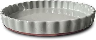 Mora Ceramic Tart Pan, 9.5 Inch Large Porcelain Baking Dish for Tarts, Quiche, Pie, Flan etc. Fluted Ruffled Edge, Oven, Microwave, Freezer, and Dishwasher safe - Great Gift For Bakers - Earl Grey