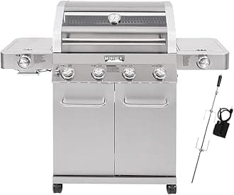 Larger 4-Burner Propane Gas Grills Stainless Steel Cabinet Style with Infrared Side Sear & Side Burners Knob Controls Built-In Thermometer with Stainless Steel Rotisserie Kit(2 Items)