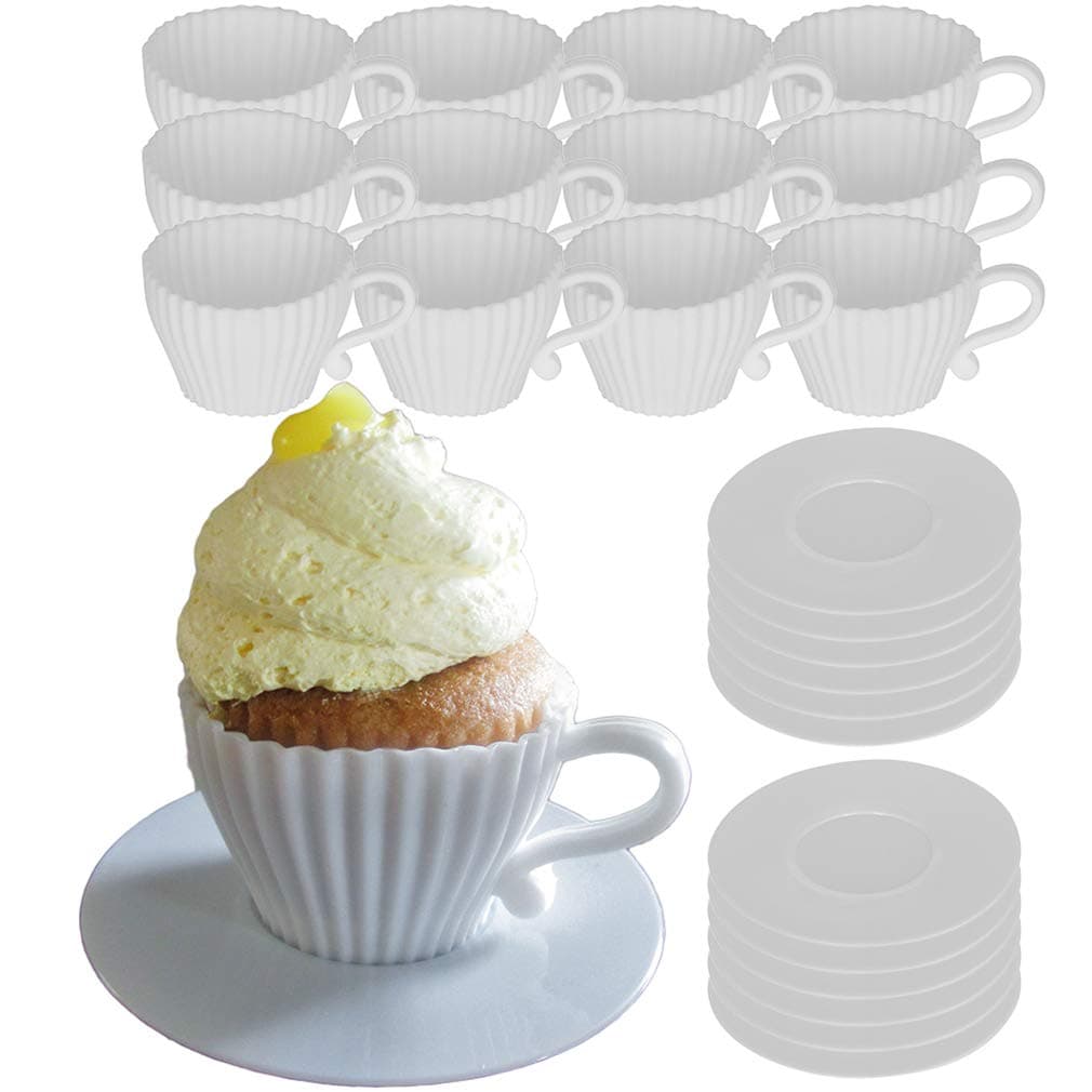Evelots Baking Cupcake Molds - Silicone Teacup Set - 24 Pc Set - Oven-Safe - Nonstick - Muffin Cups for Bridal/Baby Shower, Birthday/Tea Party - 12 Cups & 12 Saucers - BPA Free