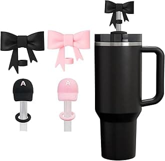 Pink Bow Straw Cover Topper for Stanley Cup,Silicone Black Straws Toppers for Tumbler with Handle 40oz,Cute 10mm/0.4in Covers Cap,Reusable Lids for Stanleys Cups Accessories, 4Pcs-43