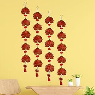5 Tier Set of 4 Strings Red Lotus Wall Hanging Gift Decorative Showpiece for Diwali Ganesh Chaturthi Pooja Home Door Decor Temple Marriage Wedding Stage Decoration (30 Inch Length