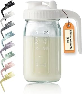 32oz Glass Pitcher with Lid & V-shaped Pour Spout - 1 Quart Breastmilk Pitcher Double Leak Proof, Creamer Container for Sun Tea, Juice, Cold Brew Coffee, Breastmilk Storage Container