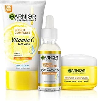 Garnier Bright Complete Vitamin C Brightening Regime Kit for Skincare | Cleanse, Treat and Seal | Reduces Dark Spots, Face Wash + Serum + SPF 40 Serum Cream, for all skin types, For Men and Women