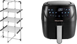 Black+Decker 63099 3-Tier Heated Clothes Airer Aluminium, Cool Grey, 140cm x 73cm x 68cm & Russell Hobbs 4L Rapid Digital Air Fryer [7 Cooking Functions |10 Programs] Energy Saving