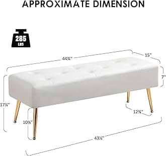 Furniliving Modern PU Leather Bench, Upholstered Tufted Leather Bedroom Bench 44" Ottoman Bench with X-Shaped Metal Legs for Makeup Room, Solid Bed Bench for Foyer, IvoryWhite