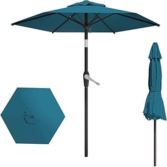 7.5FT Patio Umbrella Table Market Umbrella w/Tilt and Crank Heavy-Duty Round Outdoor Umbrellas for Garden, Deck, Backyard, Pool and Beach, Lake Blue