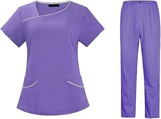 BDNXTV Scrubs for Women Set Fall Medical Uniform Stretch V-Neck Scrub Top Jogger Pant with Pockets