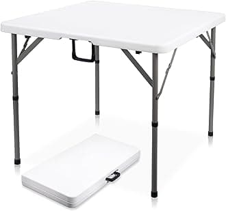34" Square Folding Card Table, Fold-in-Half Utility Dining Portable Table Heavy Duty HDPE White Plastic Foldable Table with Carrying Handle Indoor Outdoor for Picnic, Camping, Party
