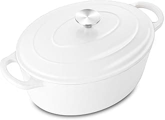 5QT Oval Dutch Oven Pot with Lid, Leonyo 5 Quart Enameled Oval Cast Iron Dutch Oven for Sourdough Bread Breaking, Heavy Duty Cookware for Braising, Stews, Roasting, White