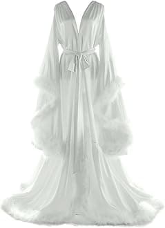 Women's Feather Bridal Robes Old Hollywood Maternity Photoshoot Nightgown Silk Bathrobe Long Lingerie