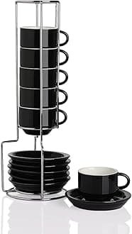 Sweejar Porcelain Espresso Cup & Saucer Set, Stackable Demitasse Cups with Metal Stand, 2.5 OZ for Latte,Coffee,Cafe Mocha,Tea, Set of 6 (Black)