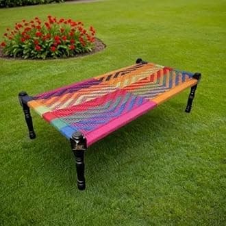 Rajasthani Wooden Khatiya Khaat | Traditional Handcrafted Wooden Charpai Bed | 6x3 Feet | Solid Wood Frame with Durable Cotton Ropes for Home, Garden, or Outdoor Use (Colorful -08)