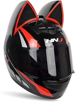 Personality Cat Ear Full Face Motorcycle Street Helmets Men Women Cat Helmet with Ears, with Gloves & Password Lock,Black Orange,L