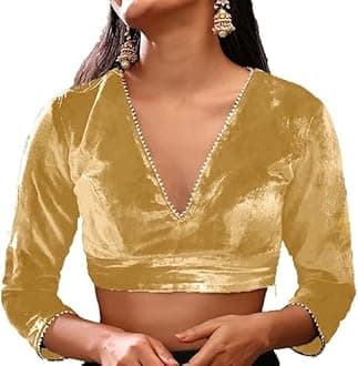 The India's Store Indian Women's Stylist Velvet Saree Blouse Stitched, Sari Choli/Top V-Neck, 3/4 Sleeve with Gotta Patti