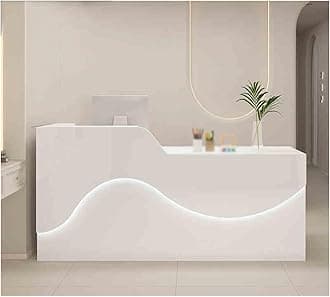 Modern Reception Desk - Front Office Station with Spacious Desktop, Large Storage, Stylish Atmosphere Lighting, Beautiful & Practical Design (White, 140CM Right)