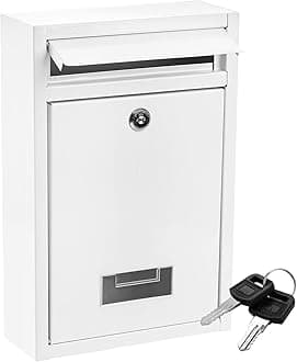 DEAYOU Wall Mount Mailbox with Key Lock, Locking Mail Box for Outside, Steel Cover Metal Dropbox, Security Postbox with Slot for Envelope, Letter, Home, Office, 12.6" H x 8.5" L x 3.3" W, White