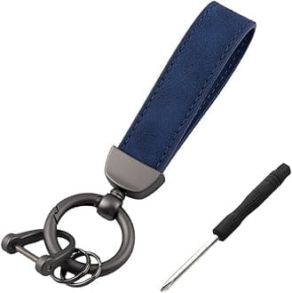 Kewucn Genuine Leather Car Keychain, Universal Heavy Duty Metal Auto Key Fob Holder with Anti Lost D-Ring for Men Women （Black-Navy Blue）