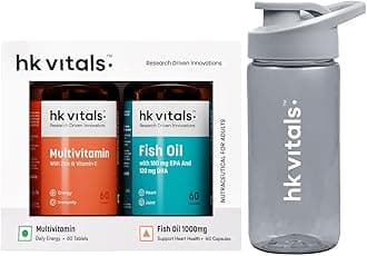 hk vitals Fish Oil and Multivitamin (60 Tablets Each) Combo Pack with Sipper, 300ml | 1000mg Omega 3 with 180mg EPA & 120mg DHA