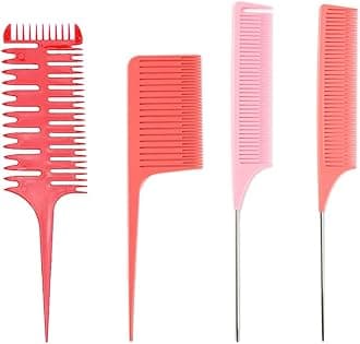 Hair Highlighting Comb Set - Professional Metal Rat Tail Teasing Comb, Dyeing Foiling Comb for Home Hairstylist and Barber (4 Pcs Red)