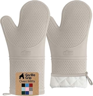 Gorilla Grip Premium Silicone Slip Resistant Oven Mitt Set, Flexible Oven Gloves, Heat Resistant Kitchen Cooking Mitts, Protect Hands from Hot Surfaces, Cookie Sheet, 14.5 Inches, Almond Pair Set of 2