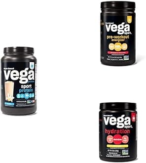 Vega Sport Routine Bundle - Premium Vanilla Protein Powder (20 Servings) Strawberry Lemonade Preworkout Energizer (25 Servings) and Lemonade Electrolyte Hydration (50 Servings)