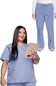 Cherokee Scrub set for women Traditional Fit Dolman Sleeve, V-neck Top 4700 Natural Rise Flare Leg Drawstring Pant 4101