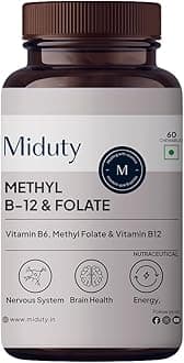 Miduty Vitamin B12 Folate – Active Methylcobalamin - Bioactive B-Complex with B6, B9, B12 – Triple Formula for Energy, Mood, Brain & Nerve Support – Fast Absorbing Chewable – 60 Veg Tablets