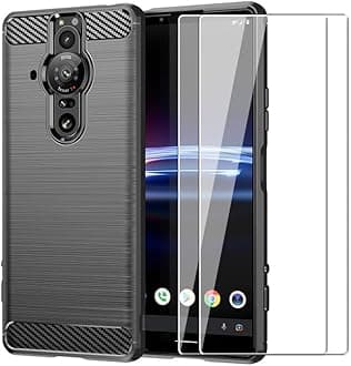 for Sony Xperia Pro-I Case with 2 HD Screen Protector, Upgraded Non-Slip Shock-Absorption Flexible TPU Carbon Fiber Bumper Soft Rubber Protective Phone Case Cover (Black)