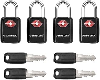 SURE LOCK TSA Approved Luggage Locks - One Key Opens All, Compact & Durable Zinc Alloy Travel Lock with Steel Shackle, Keyed Alike (Black 4 Locks, Mini Size for Suitcase/Backpack/Gym Locker)