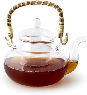 EZ Life Borosilicate Tea Pot with Bamboo Handle with Infuser Cup, Tea Kettle, Glass Teapot, Coffee Pot Tea Kettle Cold Water Kettle - Induction Friendly -Transparent - 800 ml, 1 Piece