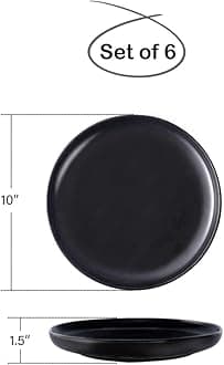 BonNoces Matte Black Porcelain Dinner Plate, Elegant Round Serving Plate Set Perfect for Steak, Pasta, Dessert and Salad, Set of 6 10-Inch