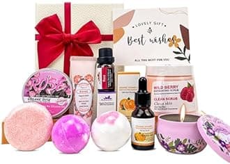 Pamper Hamper Gifts for Women - Scented Candle, Cards, Spa Bath Set, Relaxing Basket Gifts for Her, Gest Well Soon Self Care Retirement Gift Set, Delicately Boxed