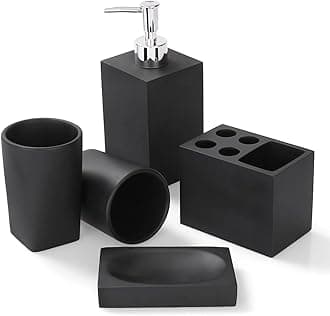 Haturi Matte Black Bathroom Accessories Set, 5Pcs Marble Look Bathroom Set with Soap Dispenser, Toothbrush Holder for Countertop Restroom Apartment Decor Stuff, Imitated Resin Kits, Gift for Women Men