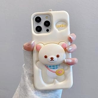 COVERLY for iPhone 14 3D Teddy Bear Cartoon Pop Case,Premium Silicone Lucky Teddy Bear Love Pastel Cream with Phone Holder Cool Full Protective Cute Kawaii Aesthetic Cover for Apple iPhone 14