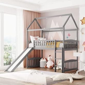 Twin Size Loft Bed with Slide, Wood House Loft Bed with Built-in Ladder and Safety Guardrail, Space Saving House Bed for Teens, Boys, Girls, No Box Spring Needed,for Bedroom Dorm, Gray