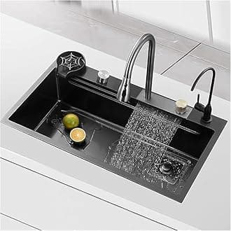 EVANEX 304 Grade 37" x 18" x 9'' WATERFALL kitchen sink with ANTI SCRATCH HONEYCOMB DESIGN Integrated Waterfall and Pull Down Faucet with Water Purifier Tap, Kitchen Sink with Complete Accessories