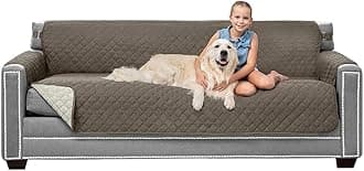 Sofa Shield Couch Slip Cover with Patented Strap, Cushion Protector, Reversible Stain and Dog Tear Resistant Slipcover, Quilted Microfiber 78in Seat, Washable Covers for Dogs Pets Kids, Latte Linen