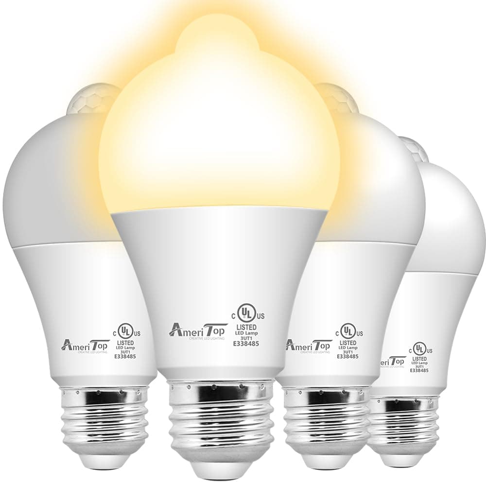AmeriTop Motion Sensor Light Bulb- 4 Pack, 10W(60W Equivalent) 806lm Motion Activated Dusk to Dawn Security LED Bulb; UL Listed, A19, E26, Auto On/Off Indoor Outdoor Lighting (2700K Soft White)