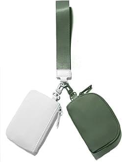 Mini Zip Around Keychain Wristlet Wallets Small Portable Dual Pounch Wristlet Detachable Coin Purse Pocket Gifts for Women Travel Sports Outdoors(White+Bean Green)