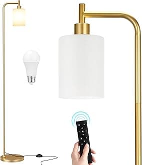 Floor Lamps for Living Room - Industrial Standing Lamp with Remote Control Glass Shade, Modern Gold Floor Lamp with LED Bulbs, Tall Lamp for Bedroom Office - Gold