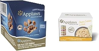 Applaws Wet Cat Food, Tuna Fillet with Seabream in Broth Pouch, 12 x 70g & Natural Wet Cat Food, Multipack Chicken Selection in Broth 70 g Tin (Pack of 12)