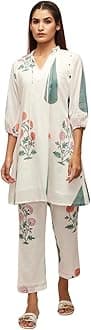 Leriya Fashion White Kurti Set For Woman | V-Neck Straight Kurta Sets for Woman | Summer Co ord Set For Women Stylish | Ethnic Anarkali Suit for Women | Floral Printed Kurtis 3/4 Sleeve
